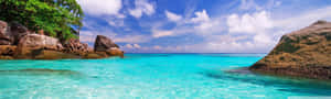 Tropical beach with turquoise water and rocky shores under a bright blue sky.