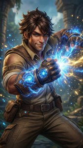 Explorer-bakgrund av Ezreal som avfyrar arkansk energi