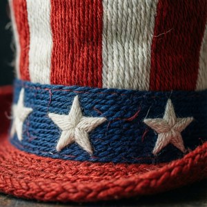 Un primo piano dettagliato di un cappello dello Zio Sam che mostra la trama del tessuto a stelle e strisce.