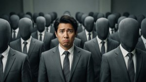 Una multitud sin rostro con una persona que tiene un rostro resalta la individualidad existencial versus la conformidad.