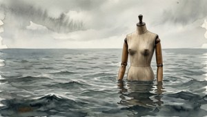 Surreal akvarelltapet av en ansiktsløs mannequin som flyter i et grått hav under en overskyet himmel.
