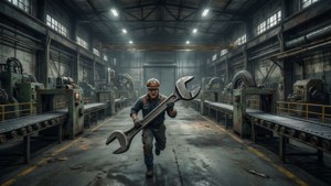 Työntekijä juoksee jakoavaimen kanssa teollisuushuoneessa Lethal Companyssa.