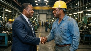 Kwame Kilpatrick begrüßt bei einem Besuch einen Fabrikarbeiter.