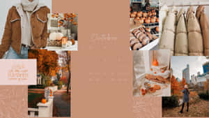 October calendar collage with autumn leaves pumpkins jackets and cityscape.