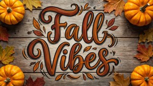 Ein verspieltes 'Fall Vibes' Schriftbild mit Kürbissen und Blättern