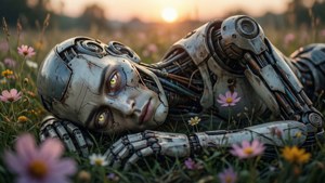 En melankolisk tapet med en trasig robot i en blomsteräng vid solnedgång med poetisk stämning.