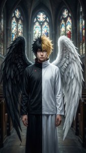 Light Yagami avec des ailes d'ange divisées dans une église