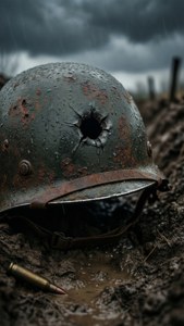 Primo piano di un elmetto da guerra crivellato di proiettili in una trincea fangosa, malinconico e dettagliato.