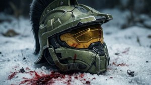 Cracked Spartan helmet in snow, memorial wallpaper.