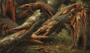 Fallen Tree by Alexandre Calame, created 1839/1845, in oil on paper on canvas. Download this artwork as a high-resolution wallpaper for desktop, tablet, or mobi — Alexandre Calame Wallpaper