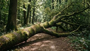 Una scena forestale tranquilla con un albero caduto muschioso in una luce soffusa e filtrata.