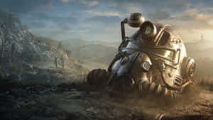 Two figures walk toward ruins past a fallen power armor helmet in a dusty wasteland. — Fallout 1 Picture