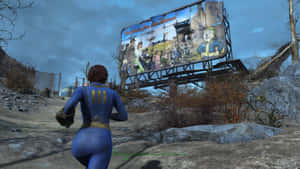 A person in blue power armor runs toward a giant billboard in a ruined landscape.