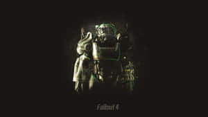 Un'armatura potenziata verde brillante di Fallout 4 si trova in un ambiente scuro e grintoso. — Immagini di Fallout 76 Sfondi