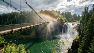 Spokane Falls med regnbue fra hengebro-utsikt.