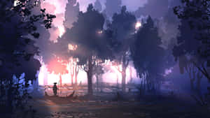 Ein einsamer Wanderer mit einem Stab geht durch einen mystischen Dämmerungswald. — Fantasy World Wallpaper