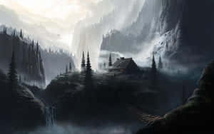 Eine einsame Hütte auf einer Klippe mit einer Seilbrücke, umgeben von nebligen Bergen und Kiefern. — Fantasy Characters Wallpaper