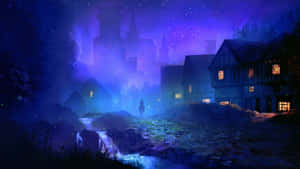 Ein einsamer Reiter auf einem Pferd überquert einen Bach in der Nähe eines Dorfes mit leuchtenden Fenstern unter einem sternenübersäten violetten Himmel. — Fantasy Characters Wallpaper