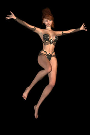 Eine Frau in einem schwarzen Tribal-Bikini, die mit ausgestreckten Armen und nackten Füßen in der Luft springt. — Fantasy Makeup Wallpaper