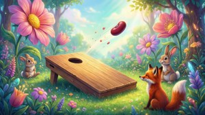 En finurlig illustration af cornhole i en eng med venlige dyr.