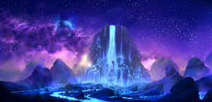 A glowing waterfall flows through a rocky landscape under a starry purple sky.