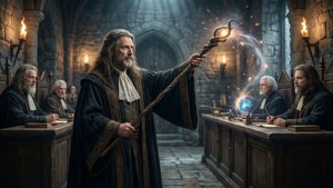 En middelalderlig fantasy-retssal med en troldmandsadvokat, der protesterer med magi.