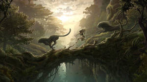 A woman escapes feline predators across a jungle root bridge at sunrise. — Scenery Wallpaper