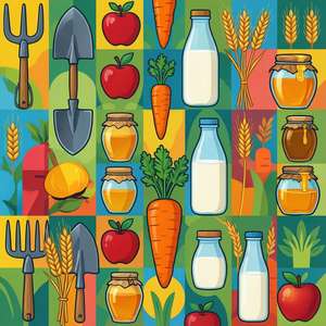 Abstract pattern of Hay Day tools and produce for a wallpaper.