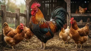 A colorful rooster and hens in a farmyard with wooden fences and straw.