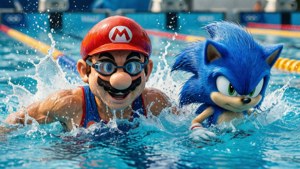 Mario e Sonic gareggiano in una gara di nuoto a stile libero in una piscina illuminata dal sole.