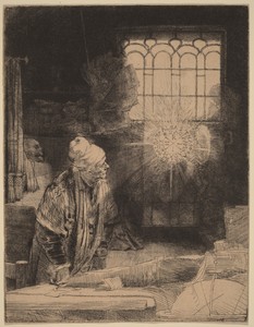 Faust by Rembrandt van Rijn, created c. 1652, in etching. Download this artwork as a high-resolution wallpaper for desktop, tablet, or mobile. — Art Picture