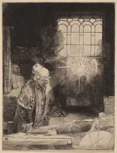 Faust by Rembrandt van Rijn, created c. 1652, in etching, drypoint and burin on a heavy white paper. Download this artwork as a high-resolution wallpaper for de — Rembrandt van Rijn Wallpaper