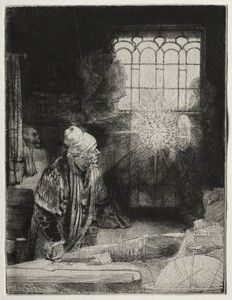 Faust by Rembrandt van Rijn, created c. 1652, in etching and drypoint. Download this artwork as a high-resolution wallpaper for desktop, tablet, or mobile. — Art Picture