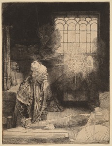Faust by Rembrandt van Rijn, created c. 1652, in etching, drypoint, and engraving on rough beige paper. Download this artwork as a high-resolution wallpaper for — Rembrandt van Rijn Wallpaper