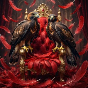 Majestic Hawks on a throne made of feathers.