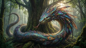 Iridescent höyhenkäärme kiertyy valtavan puun ympärille sumussa.