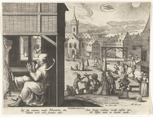Februari by Jan Collaert (II), created 1586 - 1618, in paper; engraving. Download this artwork as a high-resolution wallpaper for desktop, tablet, or mobile. — Jan Collaert (II) Wallpaper