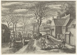 Februari by Julius Goltzius, created c. 1560 - 1595, in paper; engraving. Download this artwork as a high-resolution wallpaper for desktop, tablet, or mobile. — Julius Goltzius Wallpaper