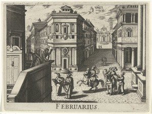 Februari by Simon Frisius, created 1611, in paper; etching. Download this artwork as a high-resolution wallpaper for desktop, tablet, or mobile. — Travel Wallpaper