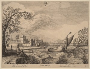 February by Jan van de Velde (II), in etching. Download this artwork as a high-resolution wallpaper for desktop, tablet, or mobile. — Jan van de Velde (II) Wallpaper