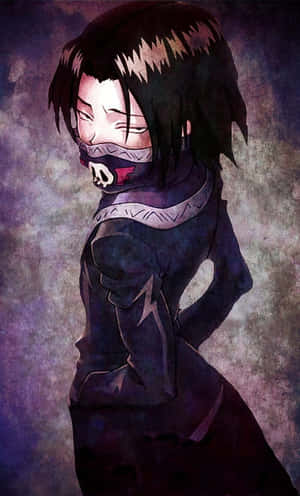 Anime character with skull mask smiling in dark purple grunge background