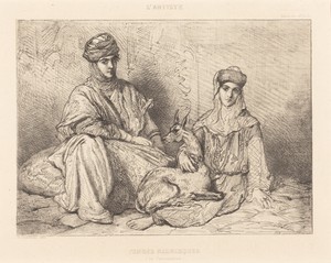 Femmes Mauresques de Constantine by Théodore Chassériau, created 1851, in soft-ground and hard-ground etching. Download this artwork as a high-resolution wallpa — Théodore Chassériau Wallpaper