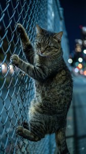 Kucing memanjat pagar rantai di malam hari dengan nuansa biru dingin dan efek gerakan kabur.