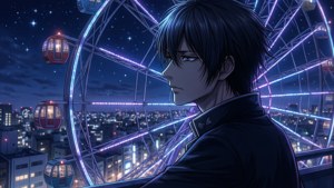 Izaya fährt nachts in einem Riesenrad, silhouettiert gegen die Stadtlichter mit einem nachdenklichen Blick.