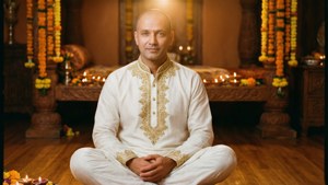 Danish Jain in witte kurta met goudborduurwerk in een traditionele Indiase setting met diya's en goudsbloemen