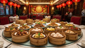 Table ronde remplie de dim sum chinois et de plats dans un restaurant festif.