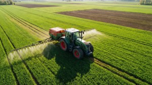 Drohnenperspektive eines Fendt-Traktors, der Muster auf einem Feld bearbeitet