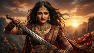 Anushka Shetty som Devasena i episk krigarpose med svärd vid solnedgång