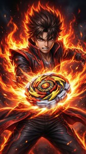 Personaggio di Beyblade X con aura fiammeggiante che lancia un Beyblade in stile anime epico.