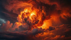 Nuages nimbus brillant de feu et de cendres volcaniques, apocalyptique.